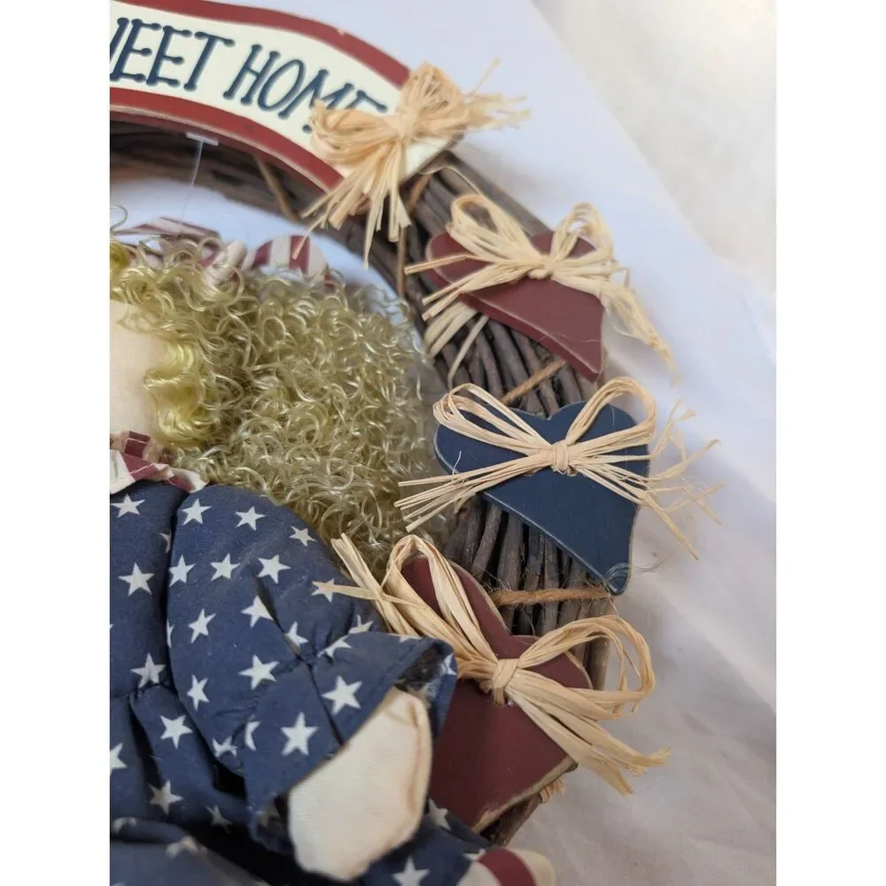 Vintage Millennium 2000 Americana Rag Doll Grapevine Home Sweet Home Wreath USA